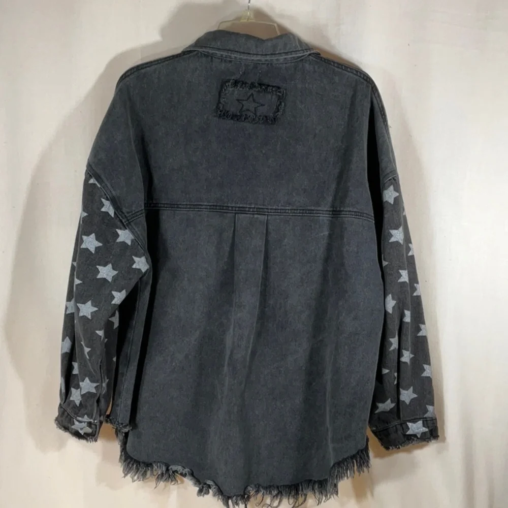 POL Oversized Gray Stone Washed Denim, white star distressed frayed hem Shacket